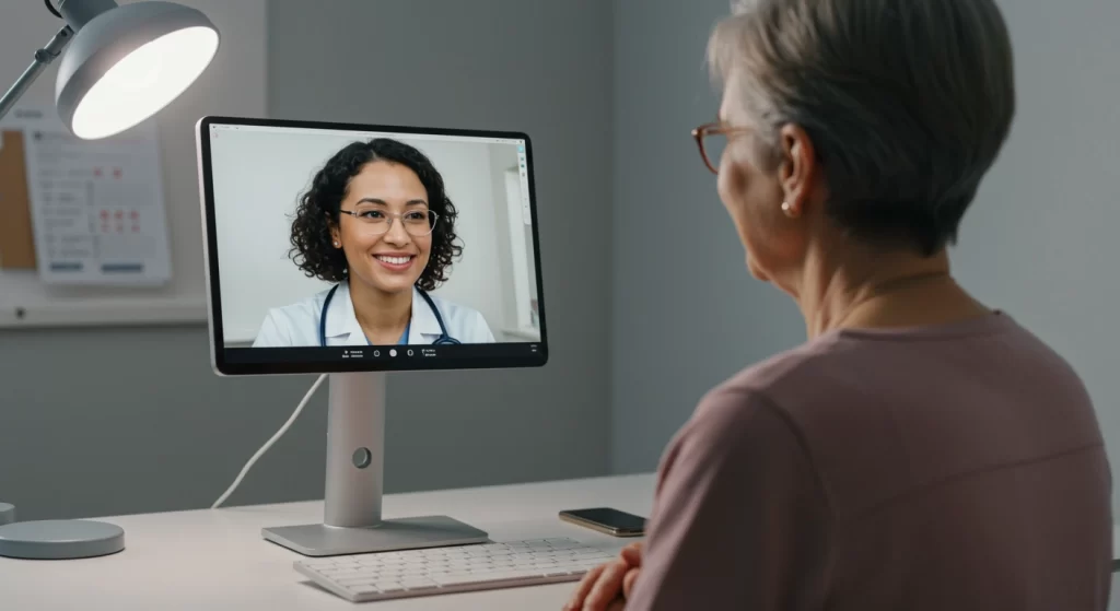An elder patient talking to her doctor via the telehealth app