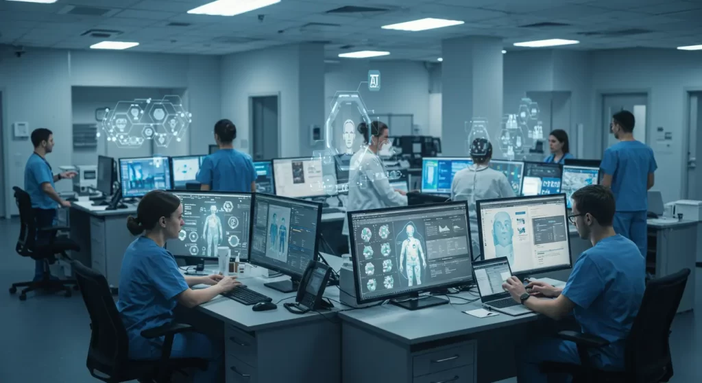 Doctors working with AI-driven medical data